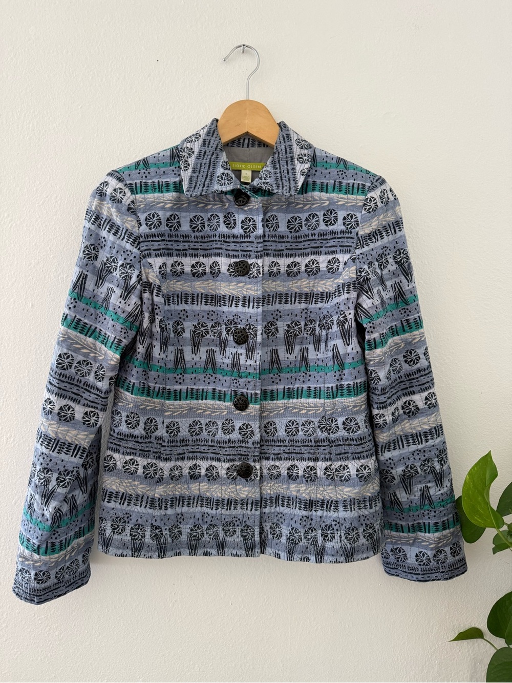 Sigrid Olsen Blue & Teal Patterned Jean Jacket